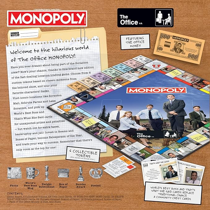 Monopoly: The Office Board Game Featuring World's Best Boss Mug Dundee Award Box of Paper & More Buy Sell Trade Scranton’s Locations from Reception to The Conference Room Officially License