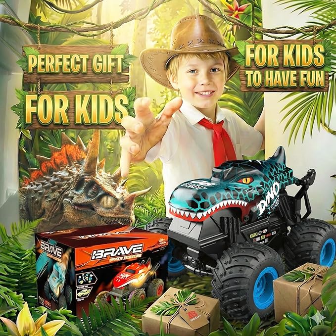 BEZGAR Monster Truck Toys - Remote Control Monster Truck with Light & Music Dinosaur Toys for Kids 1:20 Scale RC Truck with 360° Spins and Drifting Remote Control Car for Boys 4-7 Blue