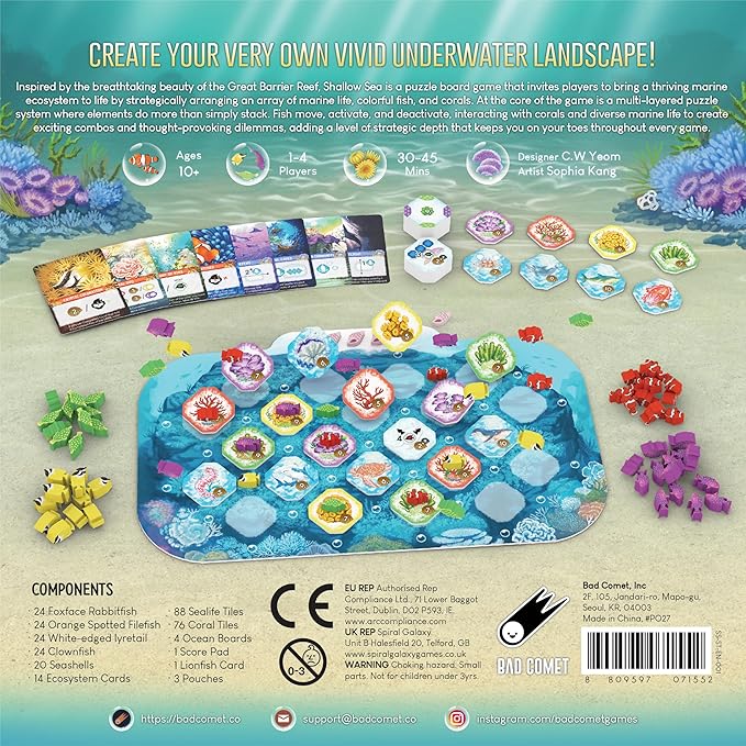Shallow Sea Board Game – Strategy Tile-Placement Game for Adults & Families | 1–4 Players 30–45 Min Play | Build Coral Reef Ecosystem Ocean Puzzle Game Nature-Inspired