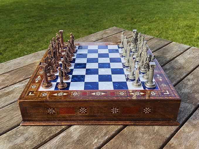 15” Handmade Wooden Storage Chess Set – Handmade Wooden Chess Board with Metal Pieces – Luxury Chess Gift for Adults Decorative & Collectible (Blue)