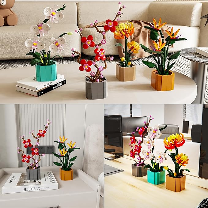 Flower Bouquet Building Blocks 4 Set Artificial Flowers Toys Botanical Collection DIY Unique Home&Office Bonsai Decoration Adults Teen Girls for Birthday