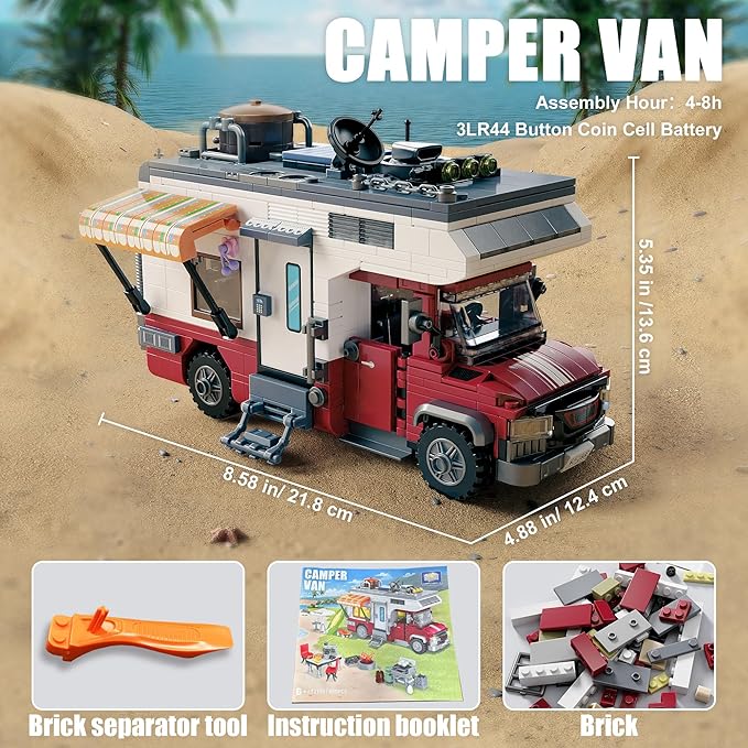 City Camper Van Building Set-Beach Camping Themed Construction Toy Kit with Mini Accessories&Lights RV Car Model Compatible with LegosBirthday Gift for Adults and Kids 6+(880 pcs)
