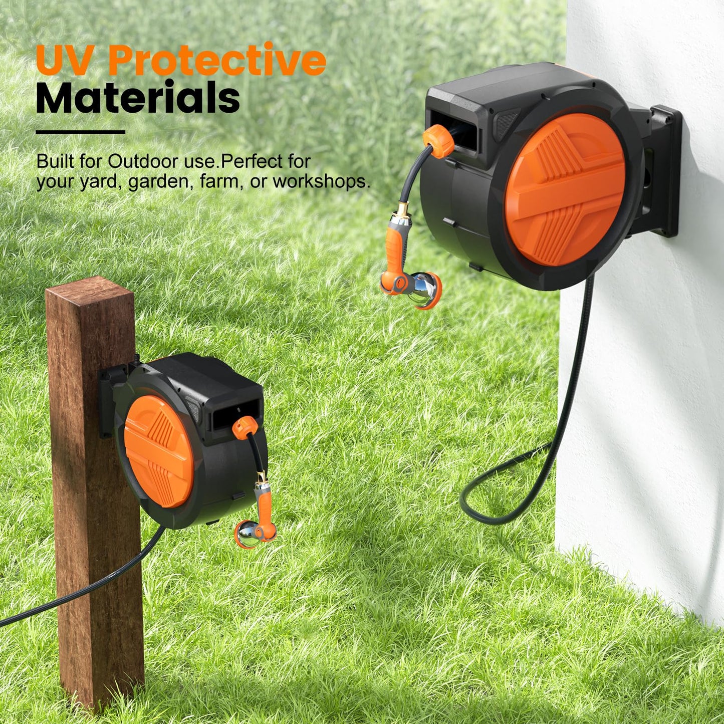 Retractable Garden Hose Reel 5/8โ x 100ft, Auto Rewind Hose Reels for Outside, Heavy-Duty Wall-Mounted Outdoor Hose, 10-Mode Nozzle, Adjustable Length, 180ยฐ Rotation for Watering, Car Washing