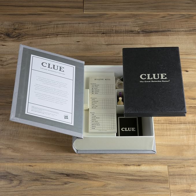 WS Game Company Clue Vintage Bookshelf Edition Board Game Linen Fabric Book Box Die-Cast Weapons & Wood Movers 1949 Retro Design Clue Board Games for Kids Adults & Family Ages 8+