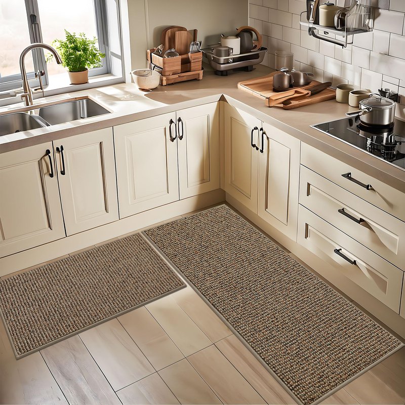 BEQHAUSE Kitchen Rugs and Mats 2PCS, Non-Slip Kitchen Mats for Floor, Absorbent and Stain Resistant Kitchen Runner, Machine Washable Rugs for Kitchen, Laundry & Sink, 20"x32"+20"x48", Taupe