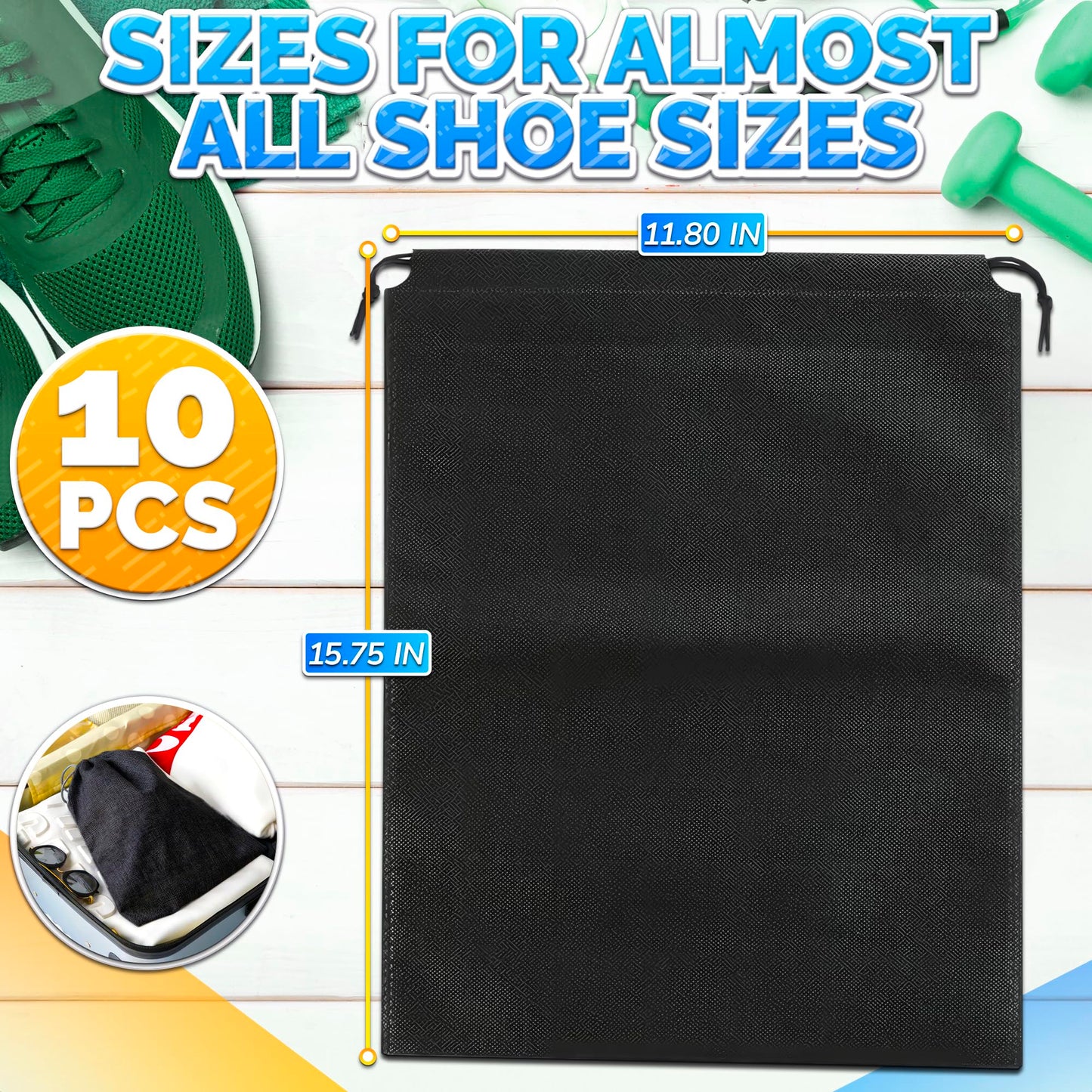 10 Pack Travel Shoe Bag Set – 11.8" x 15.75" Waterproof Drawstring Black Shoe Bags for Travel, Clothes, or Wet Gear – Lightweight Storage Organizer and Packing Essential for Women & Men
