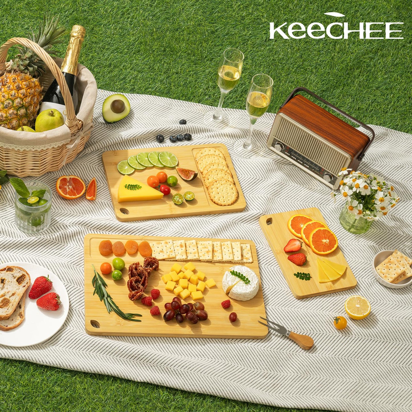 Keechee Wood Cutting Board for Kitchen - Reversible Bamboo Cutting Boards Gift Set of 3 with Juice Groove, Wooden Chopping Board for Meat, Fruit, Vegetables & Cheese (Pre Oiled, Natural)