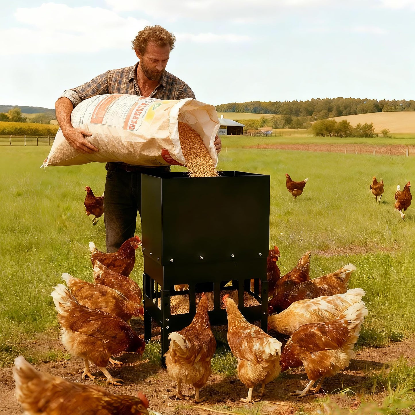 55-70LBS Large Chicken Feeder No Waste 16-Ports Automatic with Magnetic Baffle to Prevent Rodents and Mice Large Poultry Feeder Adjustable Height Suitable for All Poultry, Weatherproof