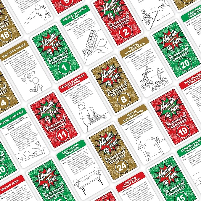 Funwares 24 Days of Christmas Games - Complete Advent Calendar Christmas-Themed Minute to Win It Challenges for Kids Teens & Families 2-12 Players Ready to Play Right Out of the Box!