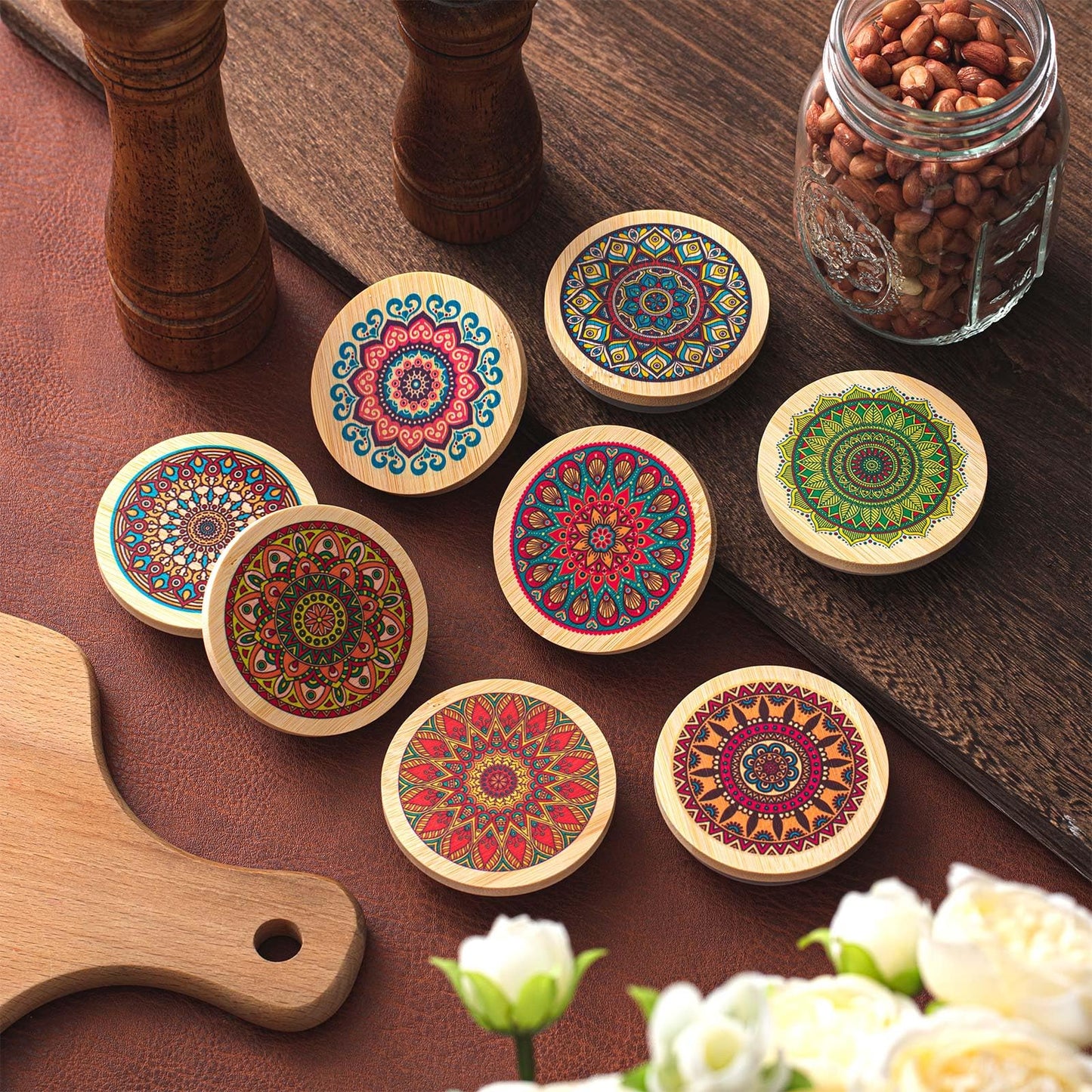 Beeveer 8 Pcs Mason Jar Lids for Regular Mouth Bamboo Mandala Decorative Storage Yogurt Jar Lids 2.76 Inch with Airtight Silicone Sealing Rings Reusable for Round Canning