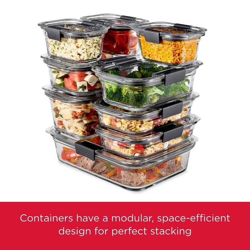 Rubbermaid Brilliance Glass Food Storage set of 4 containers 8 total pieces (4 containers + 4 lids) for Lunch Meal Prep and Leftovers Dishwasher and Oven Safe Clear/Grey