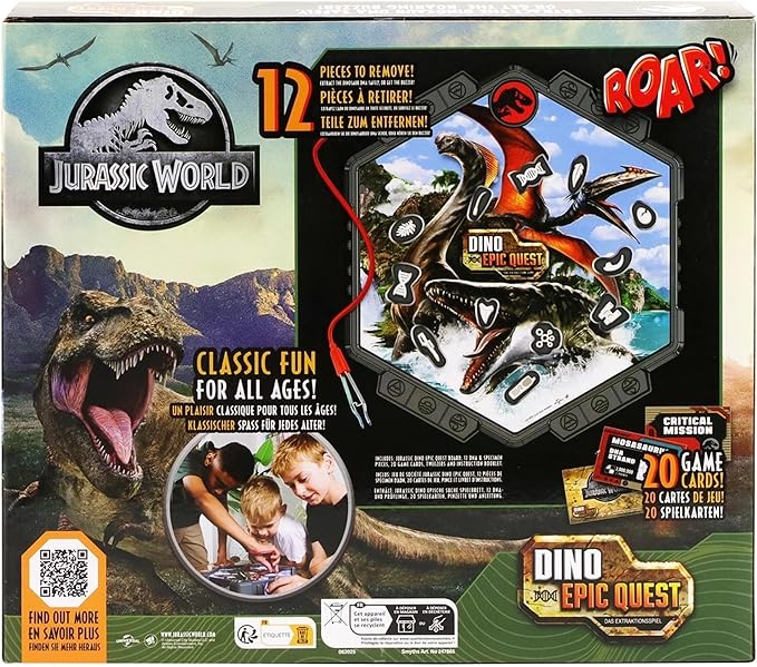 Jurassic World Dino Epic Quest Board Game– Interactive Buzzer DNA Extraction Challenge w/Tweezers Air Land & Sea Dinosaurs Skill-Building Family Game for Kids & Adults Hand-Eye Coordinatio