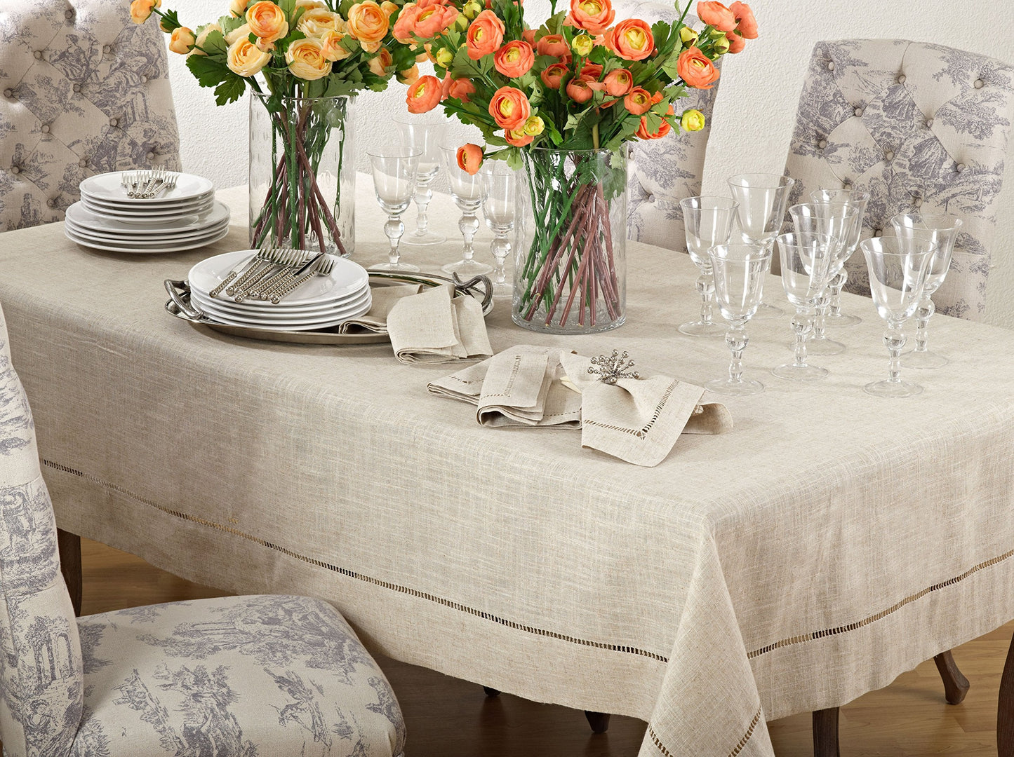 SARO LIFESTYLE Poly and Linen Blend Toscana Tablecloth with Hemstitch Border, Natural, 65"x120"