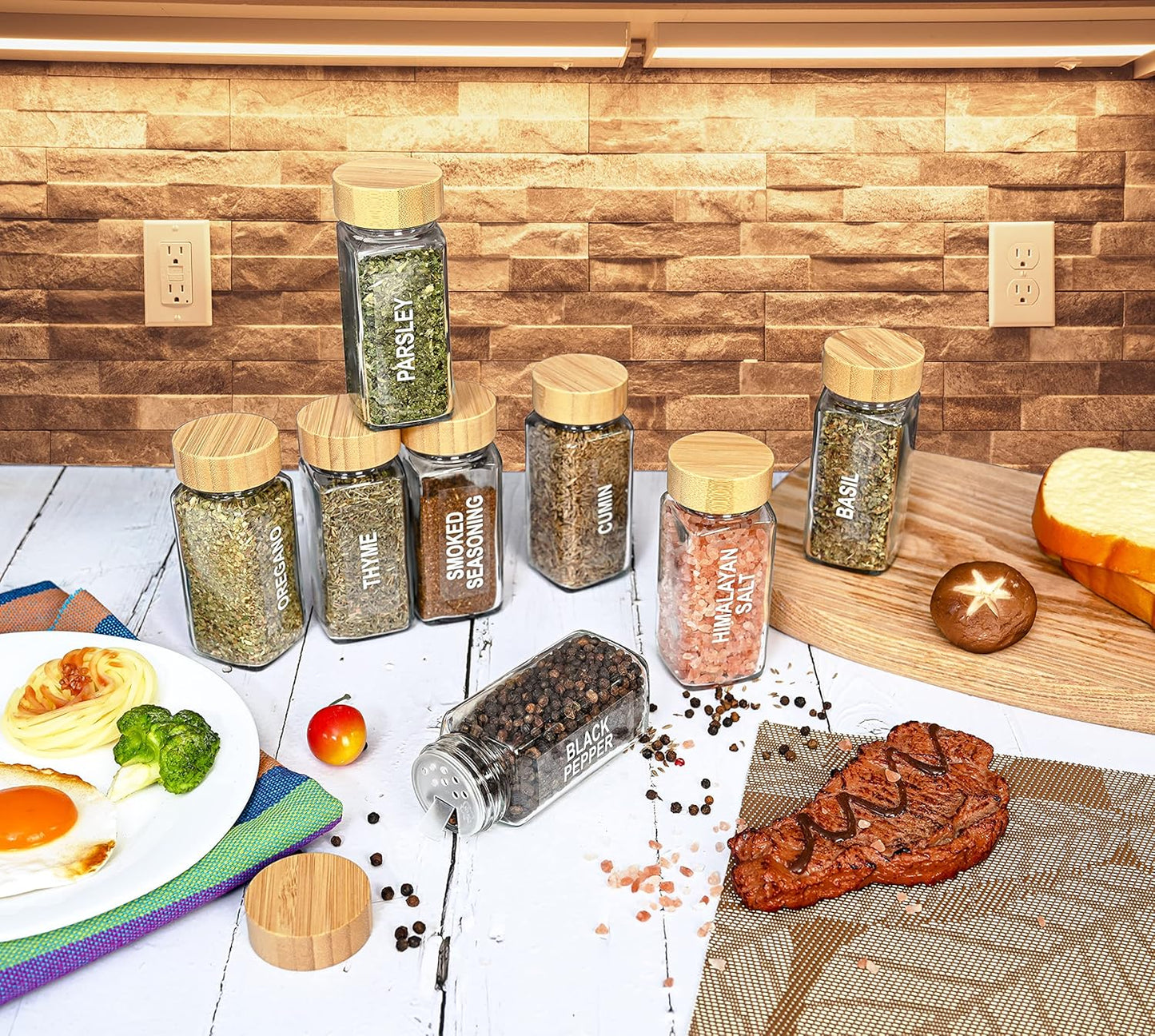 Glass Spice Jars with Label Set, Bamboo Lids & Funnel - Kitchen Airtight Storage Jars with Lids - Spices and Seasonings Sets Organizer, Spice Glass Jar with Lid Food Canister Bottle Sugar Shaker