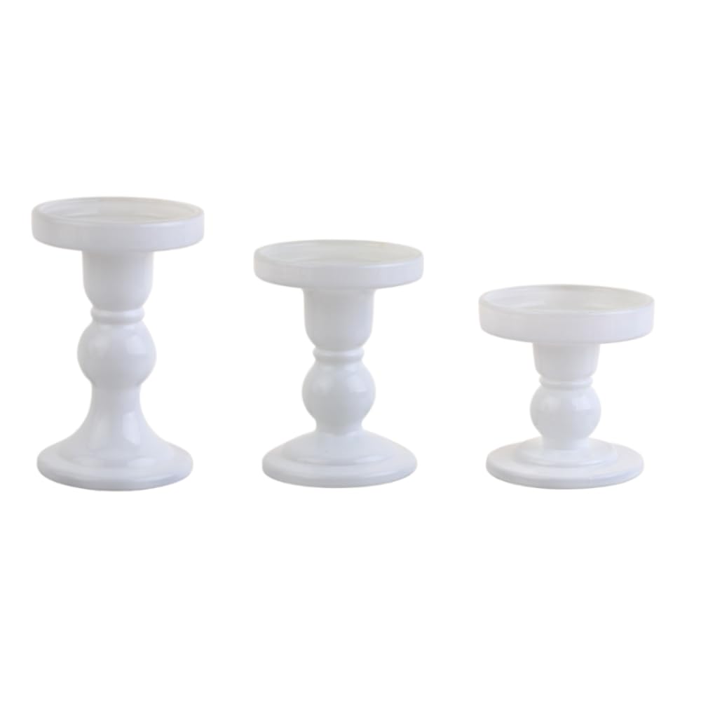 BTGLLAS 3-Piece Set of White Glass Candlestick, Crystal Candlestick Holder Holder and Conical Candle, Christmas Candle Holder Decoration, Family Living Room Wedding Candle Holder (white1set)