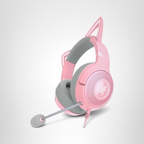Razer Kraken Kitty V2 USB Wired Headset: Chroma RGB Kitty Ears - Stream Reactive Lighting - HyperClear Cardioid Mic - 40 mm Drivers - 7.1 Surround Sound - Comfortable Ear Cushions - Quartz Pink