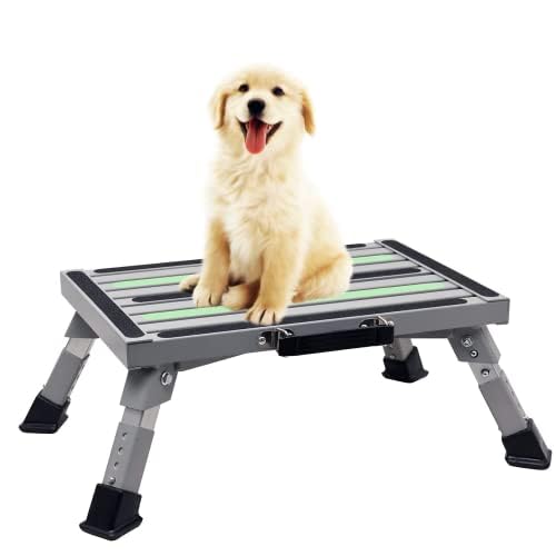 GarfatolRv Iron RV Steps, 4-Level Adjustable Folding Step Stool with Non-Slip Rubber Feet, Non-Slip Fluorescent Strip Platform Rv Accessories, Supports Up to 1000 lbs - Gray