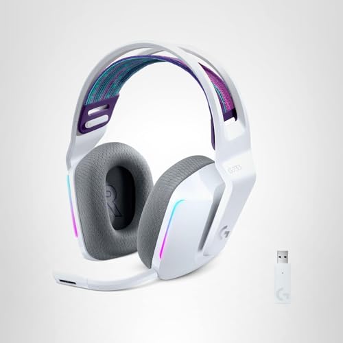 Logitech G733 Lightspeed Wireless Gaming Headset with Suspension Headband, LIGHTSYNC RGB, Blue VO!CE mic Technology and PRO-G Audio Drivers - White