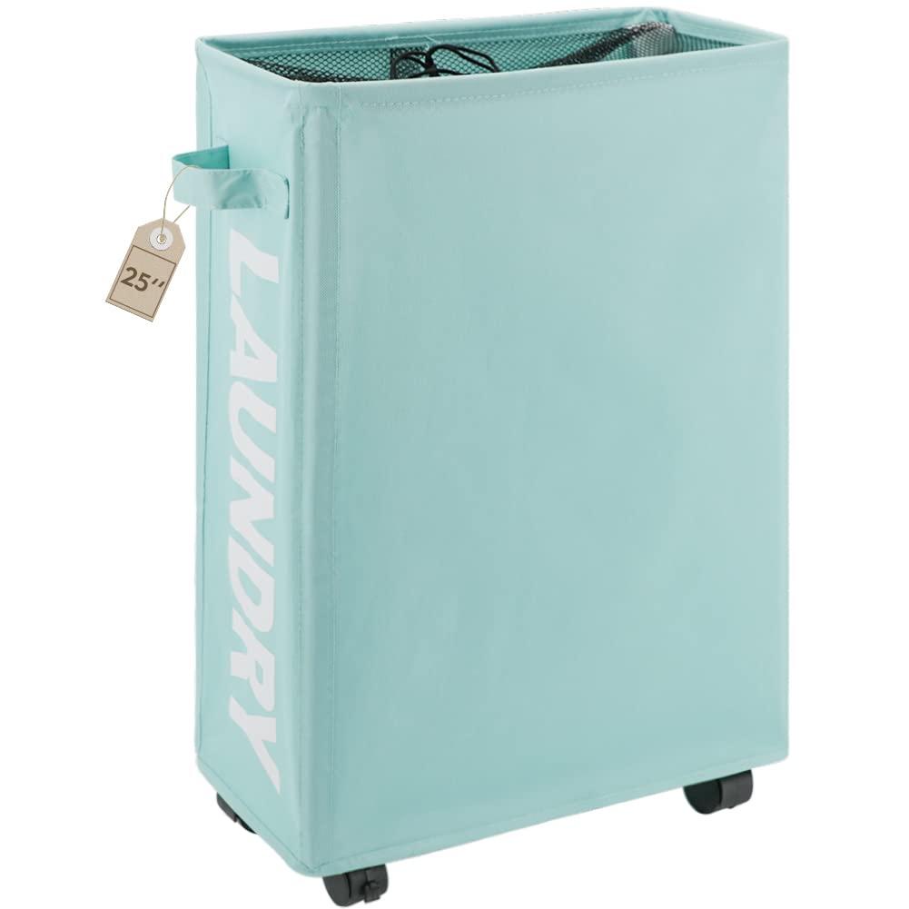 TOTANKI 25" Rolling Slim Laundry Basket on Wheels, Foldable Laundry Hamper with Handle, Collapsible Laundry Sorter and Organizer, Tall Storage Basket Bin (Light Blue)