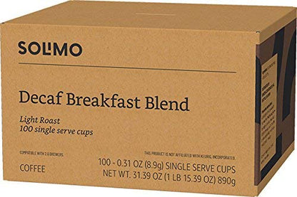Solimo Decaf Coffee Pods - Breakfast Blend for Keurig 2.0 | 100 Count Light Roast