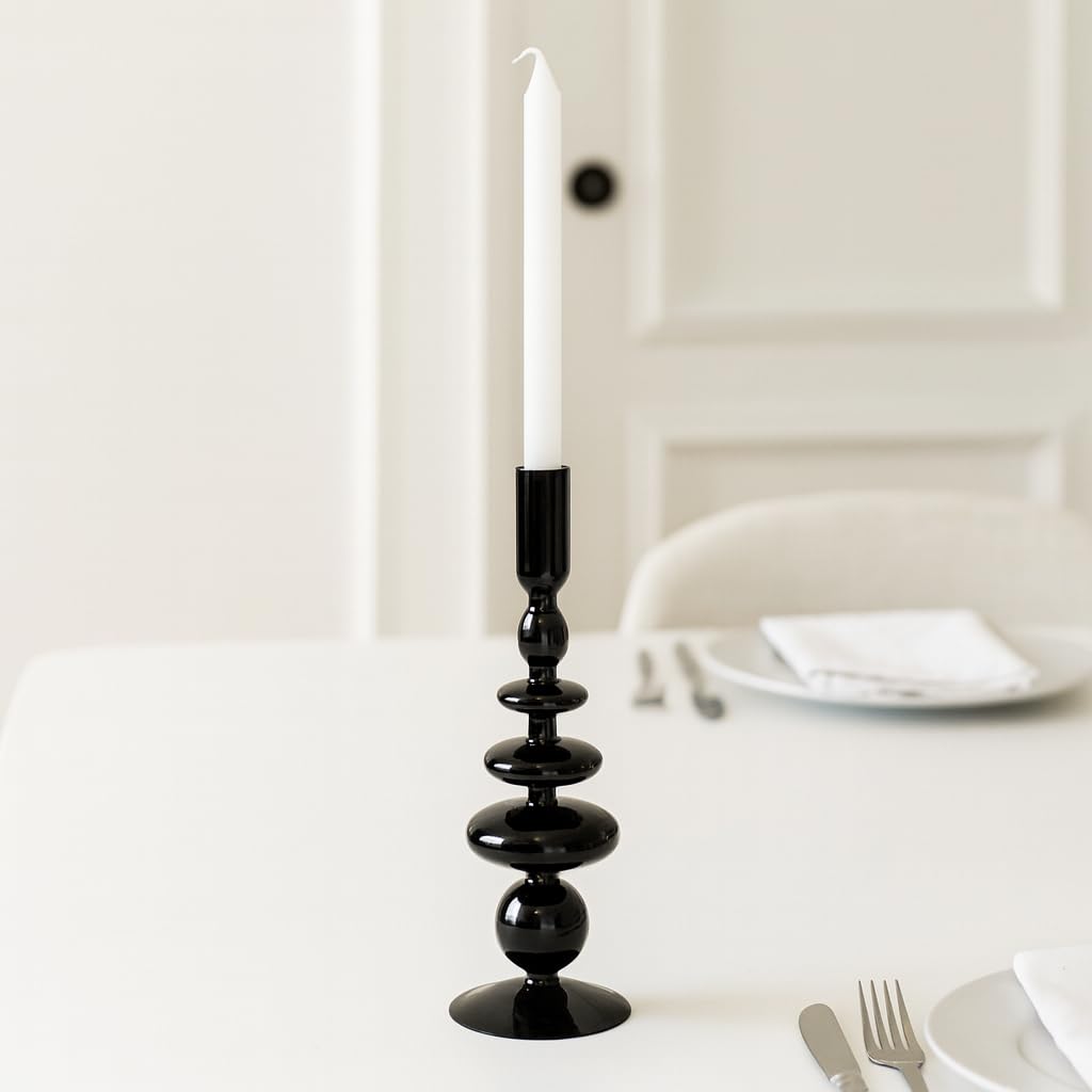 Glass Taper Candle Holder - Candle Holder for Sculptural Candlelight - Dining Room Table Decor or Mantel Display - Modern Disc and Sphere Design Accent, Home Decor – 11", Black
