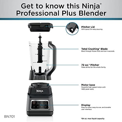 Ninja BL660 Professional Compact Smoothie & Food Processing Blender, 1100-Watts, 3 Functions -for Frozen Drinks, Smoothies, Sauces, & More, 72-oz.* Pitcher, (2) 16-oz. To-Go Cups & Spout Lids, Gray