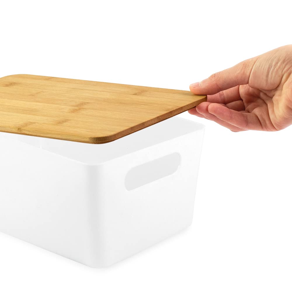 Isaac Jacobs 2-Pack Storage Bin Set w/Cut-Out Handles and Bamboo Lid, Plastic Organizers for Home, Pantry, Kitchen, Closet, Office, Home Décor, BPA Free, Food Safe (Medium, Clear)