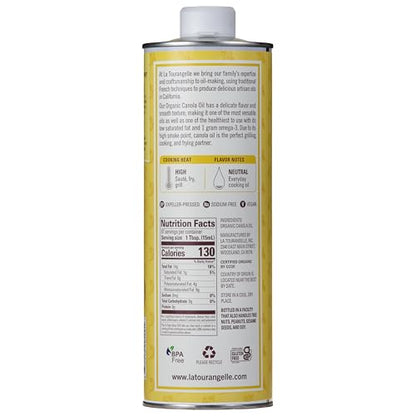La Tourangelle, Organic Canola Oil, Expeller-Pressed Non-GMO Canola Seeds, Pesticide and Chemical Free, High Heat Neutral Cooking Oil, 16.9 Fl Oz