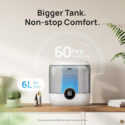 Dreo 6L Top Fill Humidifiers for Bedroom, 60H Runtime 28 dB Quiet Supersized Cool Mist Air Humidifiers for Large Room, Baby Nursery, Plant, Indoor, Night Light, Easy to Clean, Precise Humidity Control