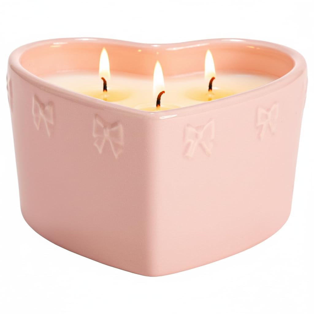 Paris Hilton Cashmere Coast Scented Candle, Pink Heart-Shaped Ceramic Vessel with Embossed Bow Detail, Premium Plant Wax Blend, 3-Wicks, 12-Ounce