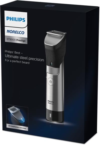 Norelco Philips Beard Trimmer 7000 Series, 100% Waterproof Trimmer for Men, 40 Lock-in Hair Length Settings, BeardSense Power Adaptability, Detail & T-Blade Trimmer Heads, Charging Stand, BT7670/40