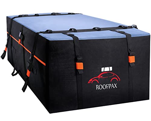 RoofPax Car Rooftop Cargo Carrier Bag 19 Cubic Feet Waterproof Car Roof Storage Including Double Zipper Integrated Mat 10 Heavy Duty Tie Down Straps Fit Cars with/Without Roof Top Rack or Side Rails