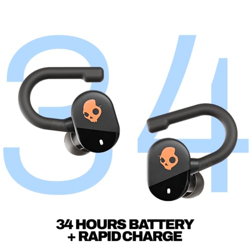 Skullcandy Push Play Active Wireless Earbuds, Bluetooth Headphones, Noise Isolating Fit, 34 Hrs Battery, Secure-Fit Over-Ear Hanger, Sweat Water Resistant, Microphone for iPhone Android - Black/Orange