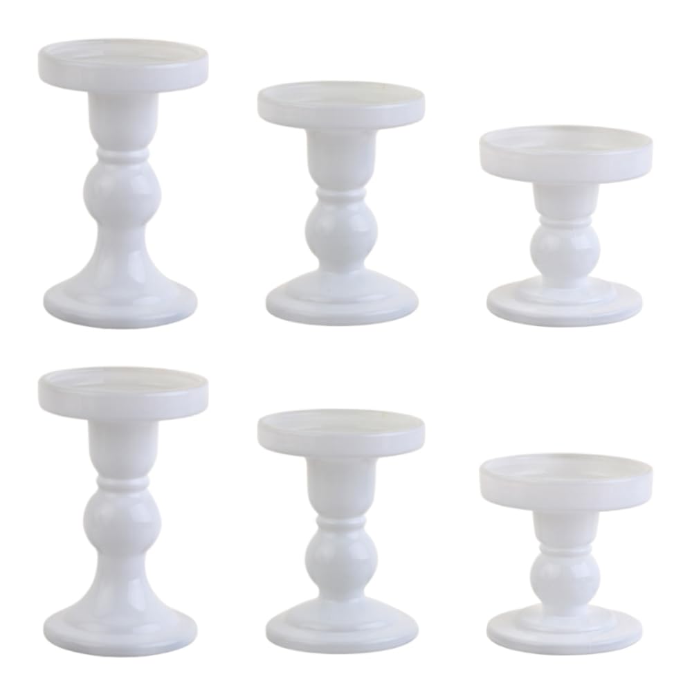 BTGLLAS 6-Piece Set of White Glass Candlestick, Crystal Candlestick Holder Holder and Conical Candle, Christmas Candle Holder Decoration, Family Living Room Wedding Candle Holder (white2sets)