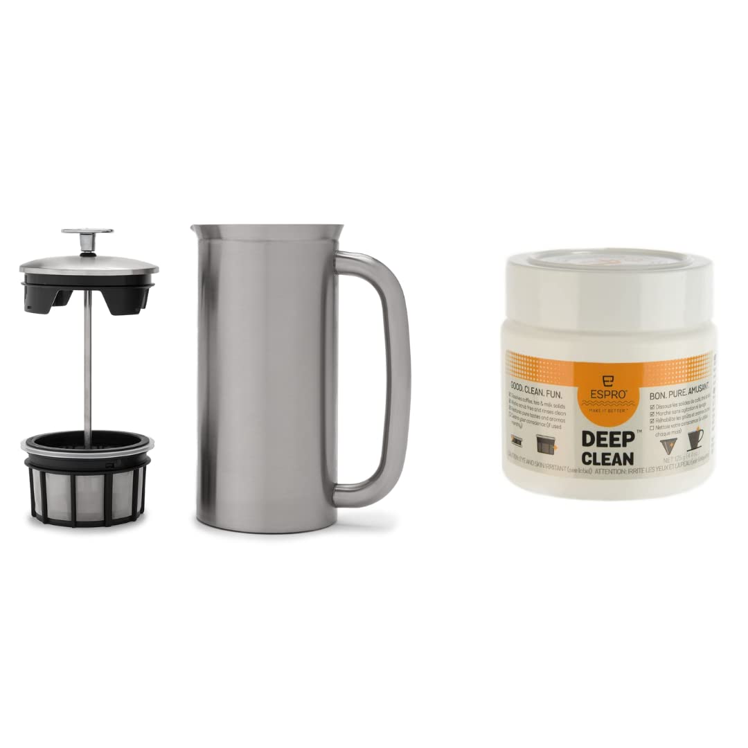 ESPRO - P7 French Press - Double Walled Stainless Steel Insulated Coffee and Tea Maker with Micro-Filter - Keep Drinks Hotter for Longer (Polished Stainless Steel, 18 Oz) Cleaning Powder