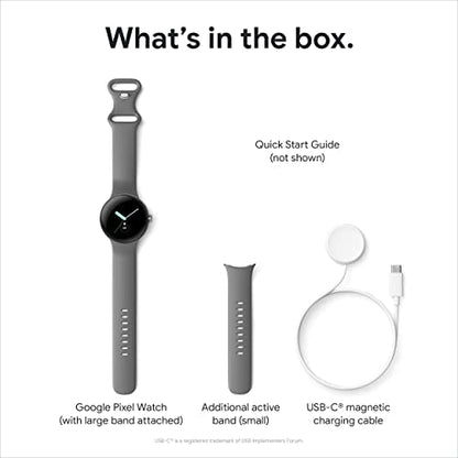 Google Pixel - Android Smartwatch with Fitbit Activity Tracking - Heart Rate Tracking Watch - Polished Silver Stainless Steel case with Charcoal Active band - LTE