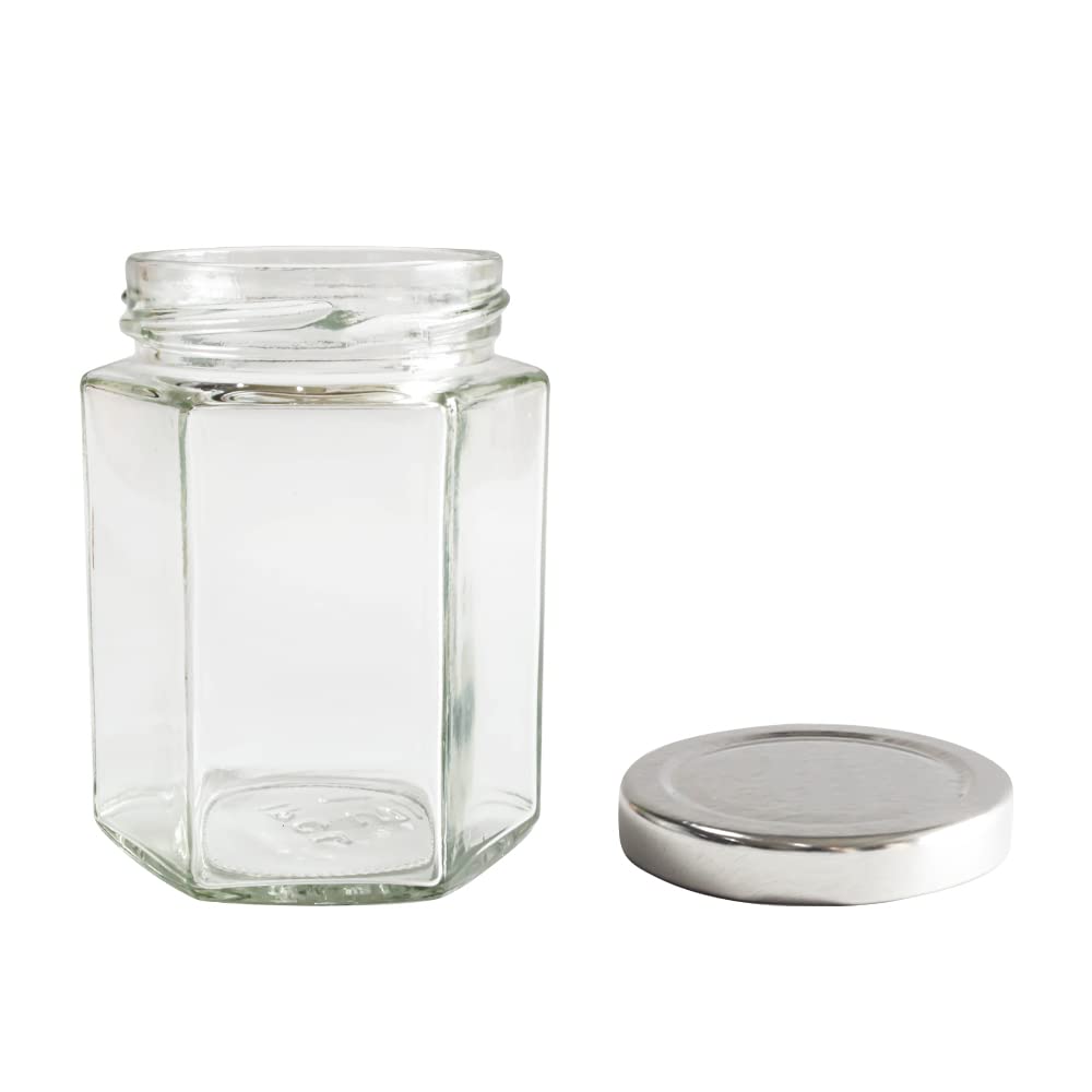 GPK4ALL 190ml 6oz Hexagon Glass Jars, Pack of 24 Sets With Silver Lids for Jam, Honey, Jelly, Candy, Candle, Wedding Favors, Baby Shower, Spice, Crafts, Party Favors, Samples