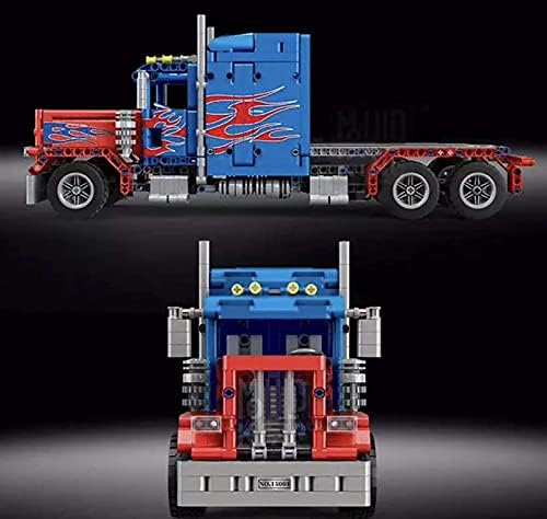 General Jim's RC Semi Truck Building Blocks Set Remote and App Controlled Model with Opening Doors Extendable Bed Dual Axles Flame Design 839 Pieces 1:20 Scale