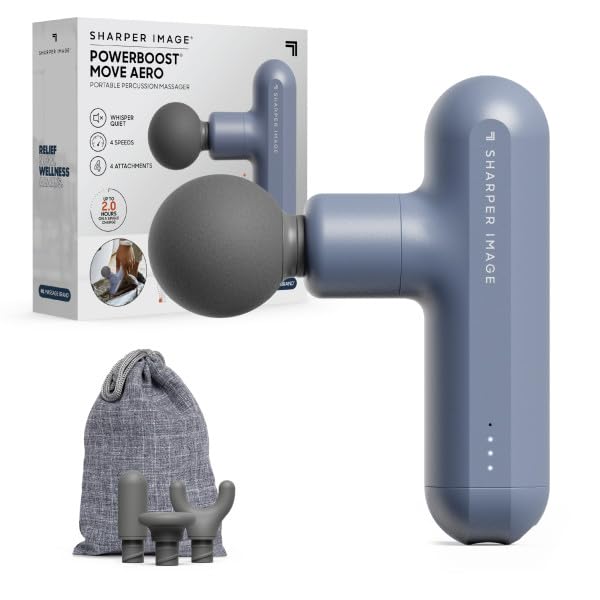 Sharper Image Percussion Massage Gun, Powerboost Move, Lightweight & Portable, 4 Attachments, 4 Speeds, Full Body Back & Shoulder Massager for Deep Tissue Muscle Recovery, Pain Relief & Soreness