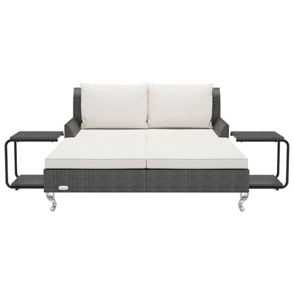 HGKMBRY 2 Person Sun Lounger with Cushions, Garden Sun Bed for Two in Black Rattan with Cream White Cushions for Patio and Outdoor Relaxation
