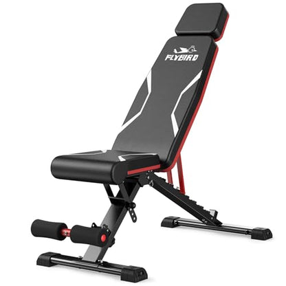 FLYBIRD Adjustable Weight Bench Fits up to 6'5'', 750LBS Capacity for Full Body Workout, 27LBS Sturdy Foldable Bench Press for Home Gym, 5X Stable Lifting Bench Incline Decline Flat Dumbbell Exercise