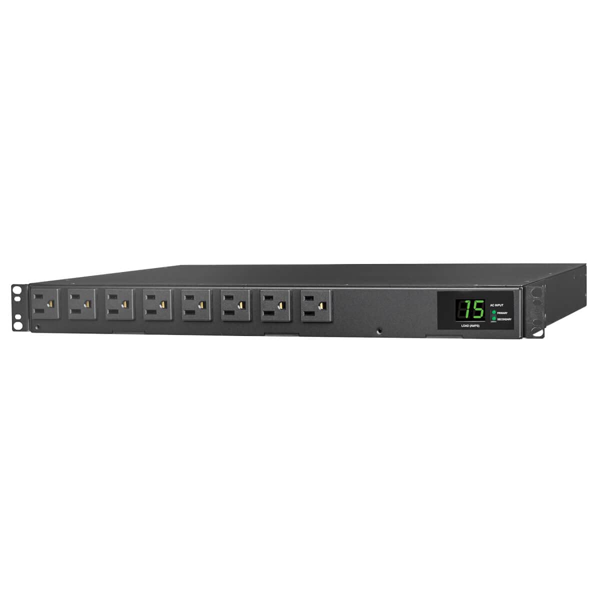 Tripp Lite Metered PDU, Auto-Transfer Switch (ATS), 15A, 120V, 1.44kW, Single-Phase - 8 Outlets (5-15R), Dual 12ft 5-15P Input Cords - 1U Rackmount, TAA Compliant, 2 Year Warranty (PDUMH15ATS)