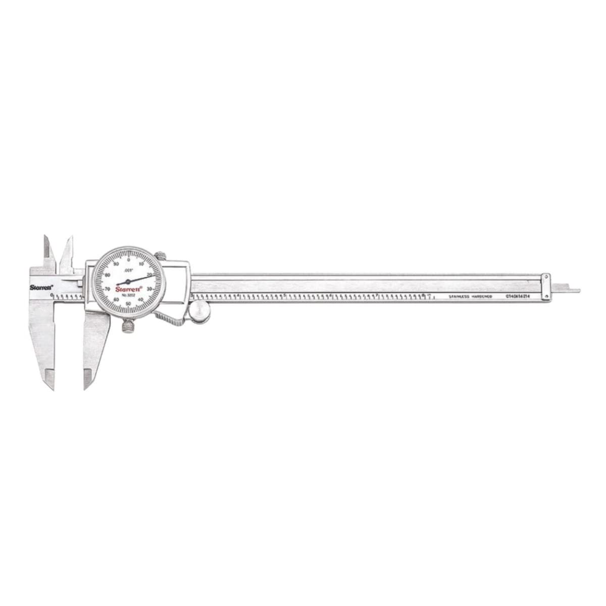 Starrett Dial Caliper with Adjustable Bezel and Fitted Case - White Face, 0-8" Range, -0.001" Accuracy, .001" Graduation - 3202-8