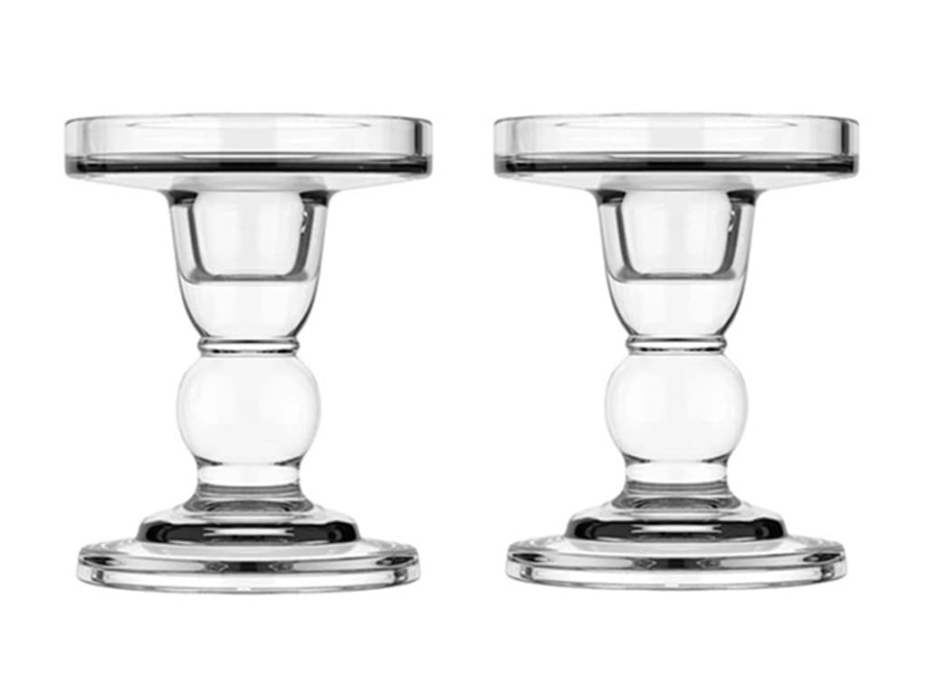 2Pcs Glass Candle Holders,Crystal Glass Candle Holder,Clear Pillar Taper Candlestick for Wedding, Party, Holiday Decoration (Medium)