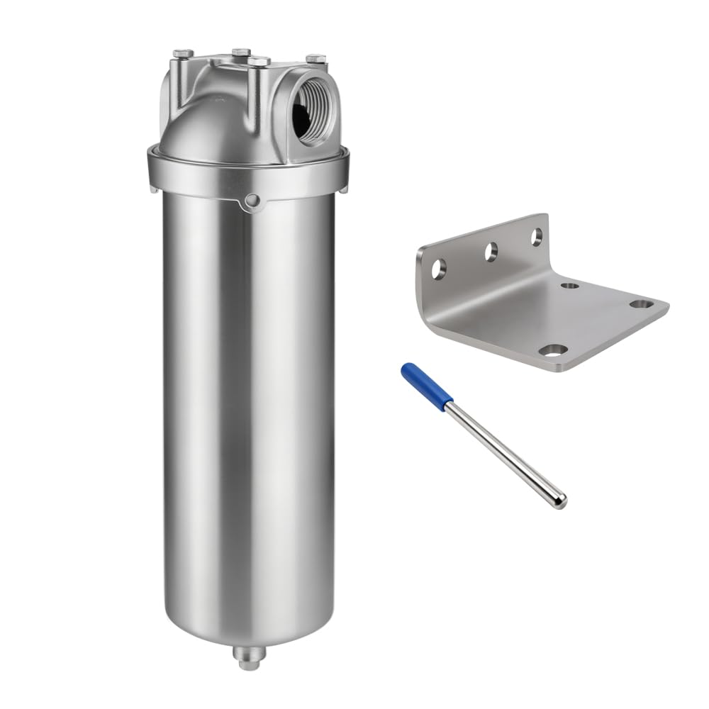 Amwater NSF/ANSI 42 Stainless Steel Whole House Water Filter Housing, 10" x 2.5" Sediment Water Filter System for Heavy Duty, Well & City Water, 3/4" NPT Port, Drain Valve Style C(Square Head)