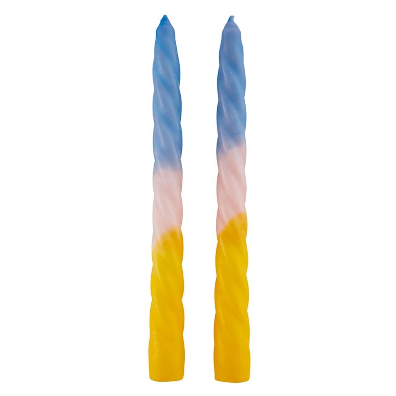 Slant Collections Tri-Colored Unscented Spiral Taper Candles 2-Count Dinner Candles, 9-Inch, Blue/Pink/Yellow