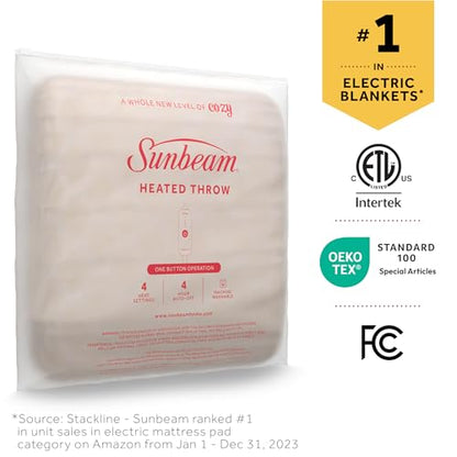 Sunbeam Electric Throw Royal Mink Sherpa Heated Blanket, 4 Heat Settings, 4-Hour Auto Shut-Off, Fast Heating, Luxurious and Ultra Comfy, Night Fog Color, 50" x 60"