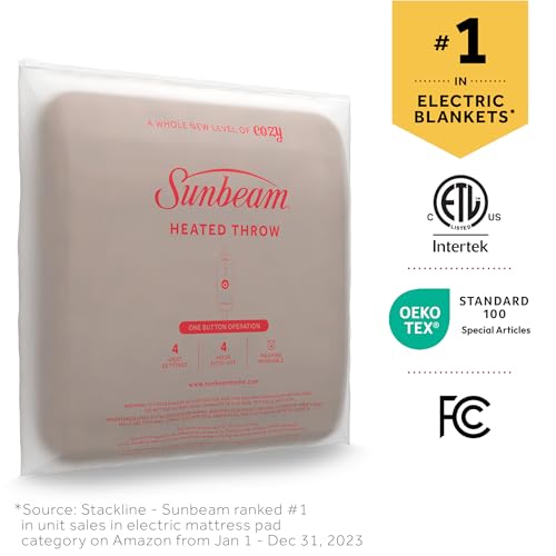 Sunbeam Electric Throw Royal Mink Sherpa Heated Blanket, 4 Heat Settings, 4-Hour Auto Shut-Off, Fast Heating, Luxurious and Ultra Comfy, Night Fog Color, 50" x 60"