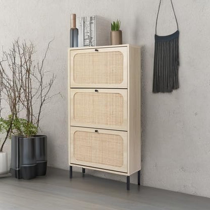 ZeHuoGe Natural Rattan Shoe Storage Rack - Modern 3-Tier Cabinet with 3 Flip Drawers for Heels & Slippers