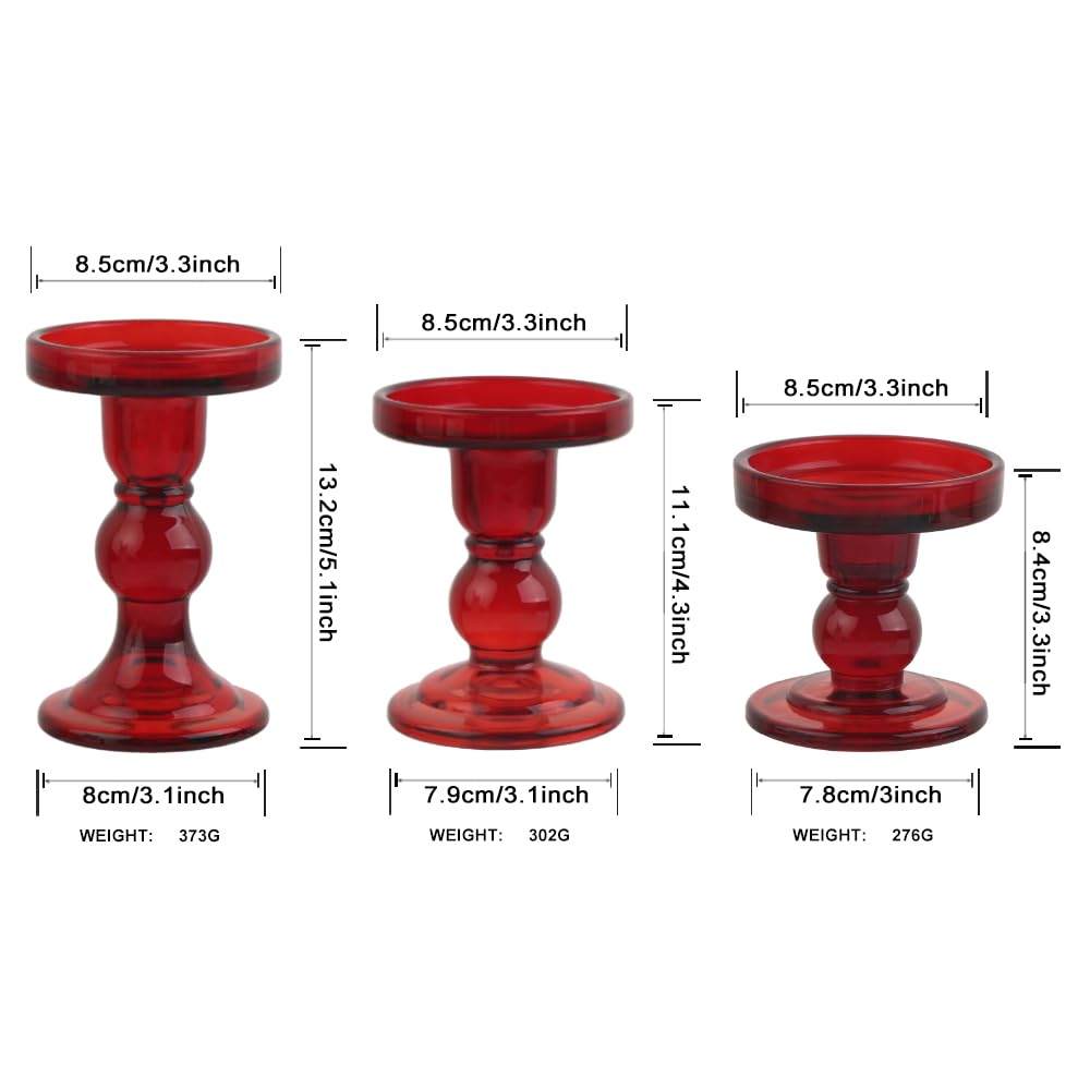 BTGLLAS 3-Piece Set of Red Glass Candlestick, Crystal Candlestick Holder Holder and Conical Candle, Christmas Candle Holder Decoration, Family Living Room Wedding Candle Holder (red1set)
